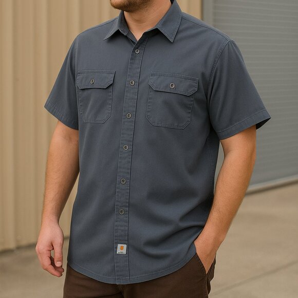 Carhartt Workwear Button Up Shirt Mens Large Blue Short Sleeve Flawed - Picture 1 of 8